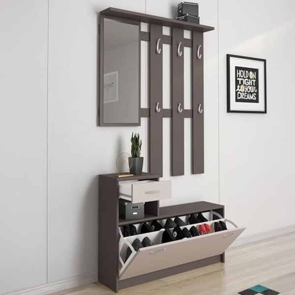 Dmora - Eingangsmöbel Sargassi, Moderner Eingang, Wandgarderobe, Multifunktions-Aufbewahrungskonsole, 100x26h190 cm, Anthrazit und Weiß