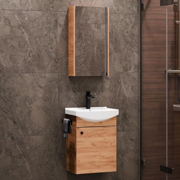 Planetmöbel Badmöbel Set aus Waschtisch + Waschbecken + Spiegelschrank, Gäste Bad WC, Farbe Gold Eiche