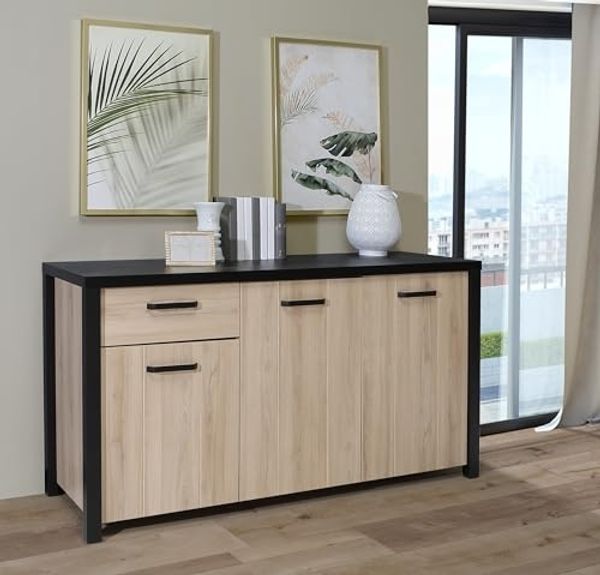 Forte BLACK HILL Sideboard mit 1 Schublade und 3 Türen, Holzwerkstoff, Comano Pflaume/Schwarz, B x H x T: 159,8 x 86,3 x 52,3 cm