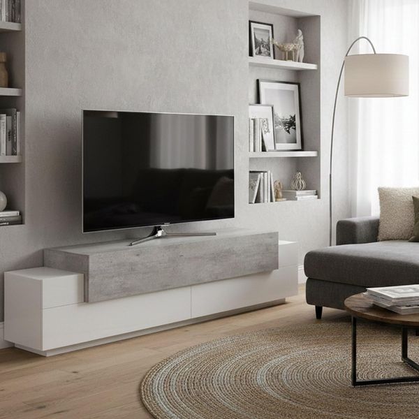 Dmora - TV-Schrank Teo, niedriges Wohnzimmer-Sideboard, Fernsehständer-Basis, 100 % Made in Italy, 200 x 45 x 52 cm, glänzendes Weiß und Zement,