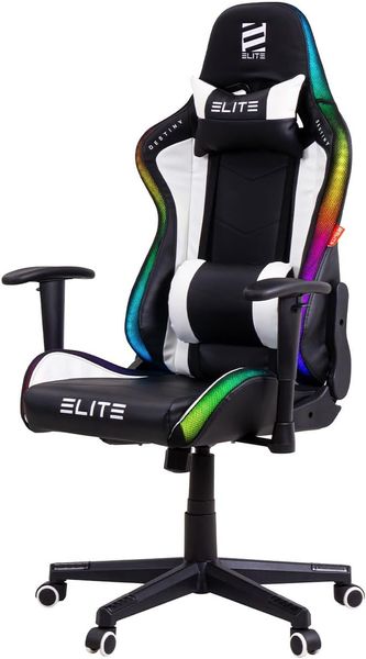 ELITE LED Gaming Stuhl MG200 Destiny - Ergonomischer Bürostuhl - Schreibtischstuhl - Chefsessel - Sessel - Racing Gaming-Stuhl - Gamingstuhl - Drehstuhl - Chair - Kunstleder (RGB Schwarz/Weiß)