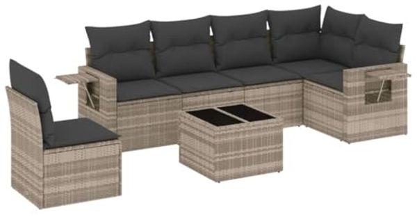 vidaXL 7-tlg. Garten-Sofagarnitur mit Kissen Hellgrau Poly Rattan 3252579