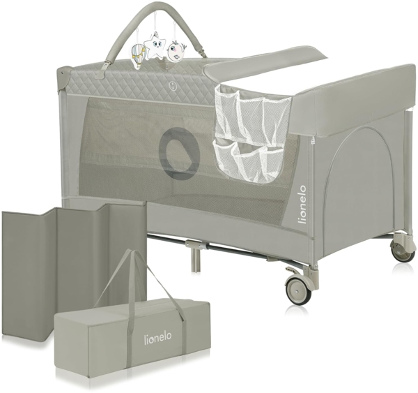 Lionelo Flower 4in1 Reisebett Baby mit Seiteneingang, Wickeltisch, Zwei Matratzenaufhängungshöhen, Spielzeugbogen mit Spielfiguren, Rollen, Tragetasche