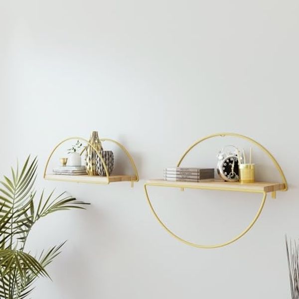 Hanah Home Stylish Wall Shelf (2 Pieces), Gold & Oak, 30 x 45 x 15 cm | 100% Melamine Coated Particle Board, 18 mm Thick | Durable Electrostatic Powder Coated Metal Legs, Perfect for Modern Decor