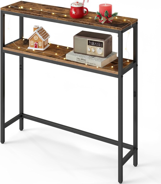 Vasagle Konsolentisch, schmaler Sofatisch mit 2 Ablagen, 20 x 80 x 80 cm, Flurtisch, 2 Ebenen, für Flur, Wohnzimmer, Schlafzimmer, vintagebraun-tintenschwarz LNTDE130K01