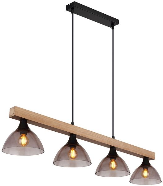 Pendellampe, Metall, Schwarz-matt, Holz, Glas, L 96 cm