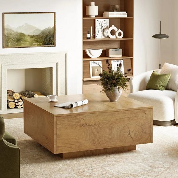 FABATO Couchtisch eckig, höhenverstellbar mit verstecktem Staufach, Landhaus-Design (1-St), mit einem sanften Hebe-Mechanismus, hellbraun