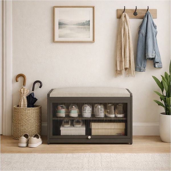 HTI-Living Schuhschrank mit Schiebetür und Sitzkissen Grau (1 Stück, 1-St, 1 Schuhschrank mit Sitzkissen) Sitzkissen mit Polyesterbezug in Leinenoptik