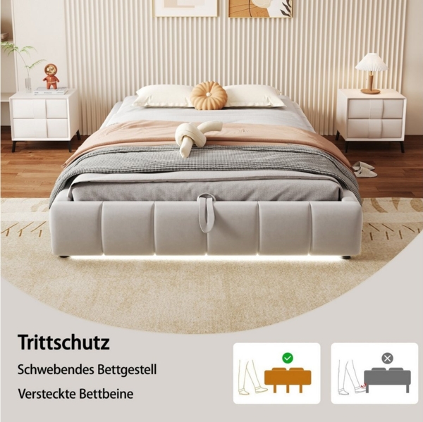 Furnishings Home Polsterbett Futonbett Stauraumbett Doppelbett (1-tlg, Hydraulisch anhebbarer Bettstauraum), Multifunktionsbett, Mit LED-Beleuchtung, Lattenrost, Samt, 140x200 cm Bild 3