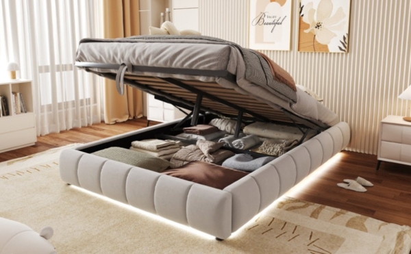 Furnishings Home Polsterbett Futonbett Stauraumbett Doppelbett (1-tlg, Hydraulisch anhebbarer Bettstauraum), Multifunktionsbett, Mit LED-Beleuchtung, Lattenrost, Samt, 140x200 cm Bild 5