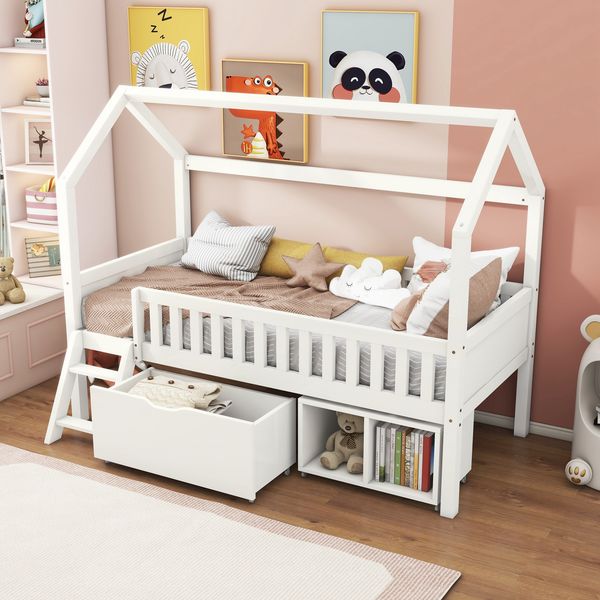 Kinderbett 90×200 cm im Baumhausstil mit Rausfallschutz, Treppe und Stauraum, Weiß, ohne Matratze