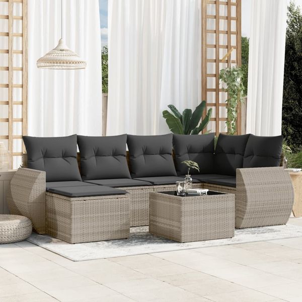 vidaXL 7-tlg. Garten-Sofagarnitur mit Kissen Hellgrau Poly Rattan 3254009