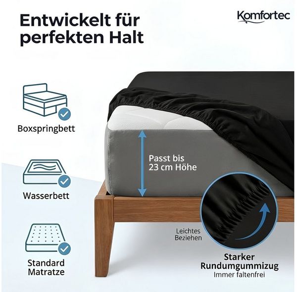 Komfortec Spannbettlaken Jersey 100% Baumwolle – 90x200 cm – 135g/m² – Weich, Atmungsaktiv & Hautfreundlich – Mit Rundumgummi – Oeko-Tex Zertifiziert – Für Boxspring, Topper & Matratzen – Schwarz