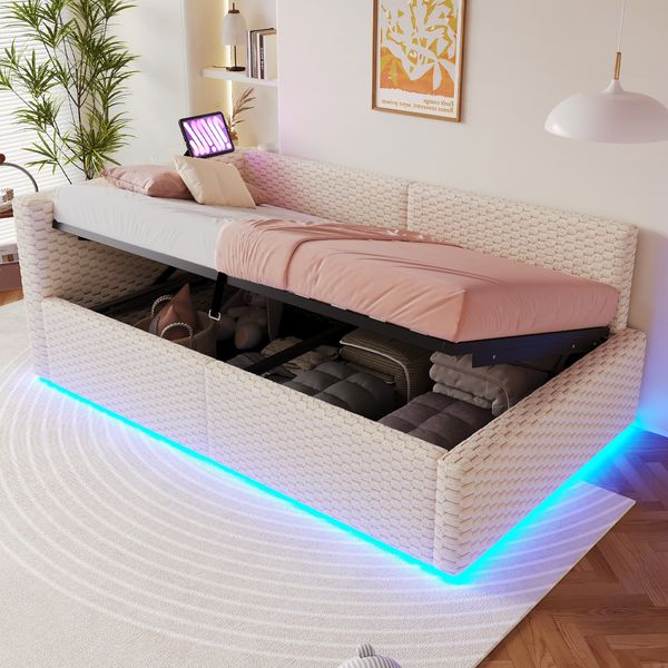 Polsterbett 90x200 cm, mit LED-Beleuchtung, Tape-C und zwei USB-Anschlüssen, L-förmiger weicher Rückenlehne, Samtstoff, Hydraulischem Bettgestell, Beige(Matratze nicht im Lieferumfang enthalten)
