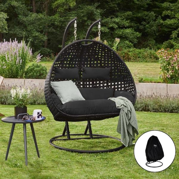 HOME DELUXE Polyrattan Hängesessel mit Regenabdeckung TWIN - Schwarz für 2 Personen