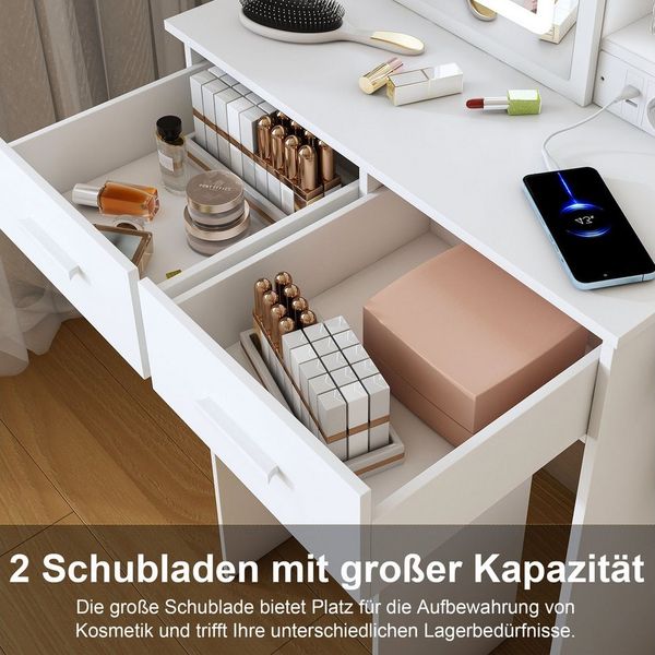 MC Star Schminktisch Weiß mit Spiegel, verstellbarer LED-Beleuchtung & Steckdose – Inkl (verstecktem Stauraum & Ablage – Platzsparend für kleine Schlafzimmer, B60/H136/T36cm)