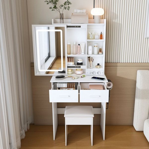 MC Star Schminktisch Weiß mit Spiegel, verstellbarer LED-Beleuchtung & Steckdose – Inkl (verstecktem Stauraum & Ablage – Platzsparend für kleine Schlafzimmer, B60/H136/T36cm)