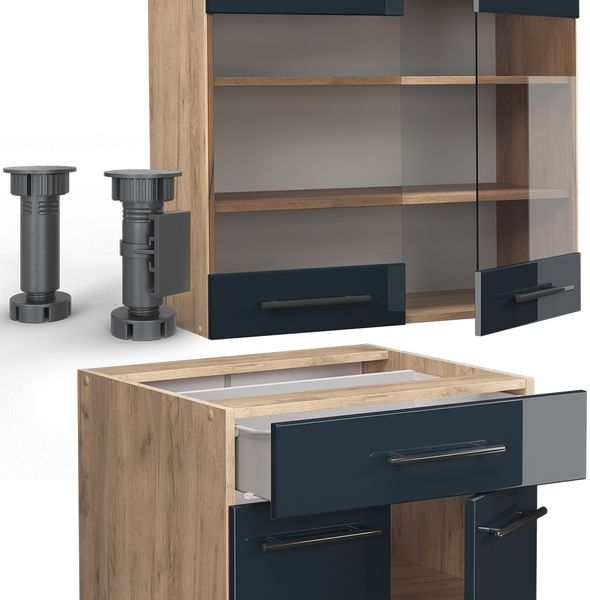 Singleküche Fame-Line Dunkelblau Hochglanz/Goldkraft Eiche 140 cm , AP Eiche Vicco Bild 5