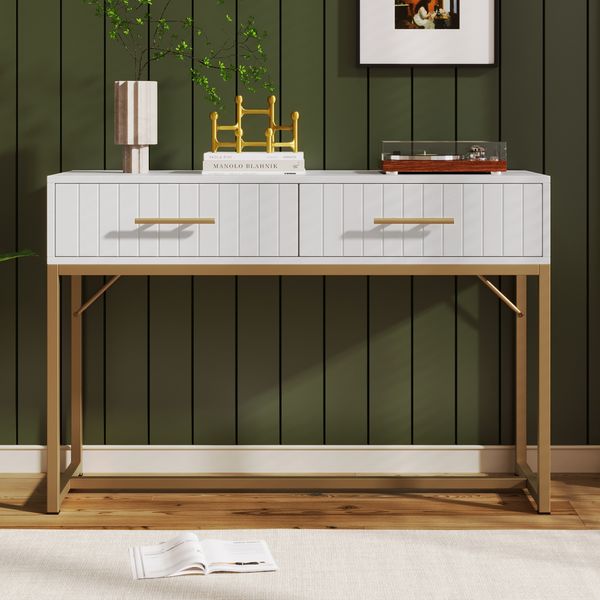 Kommode 100x45x75 cm, 2 Schubladen, weiß mit Metalllfuß und geriffelter Front,Creme und Weiß