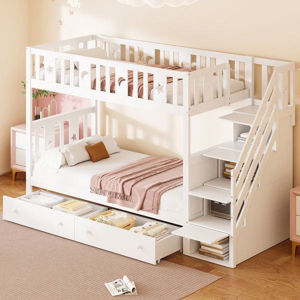 Kinder-Etagenbett 90x200/90x200 cm mit Stauraumtreppe und 2 Schubladen – Massivholz in Weiß