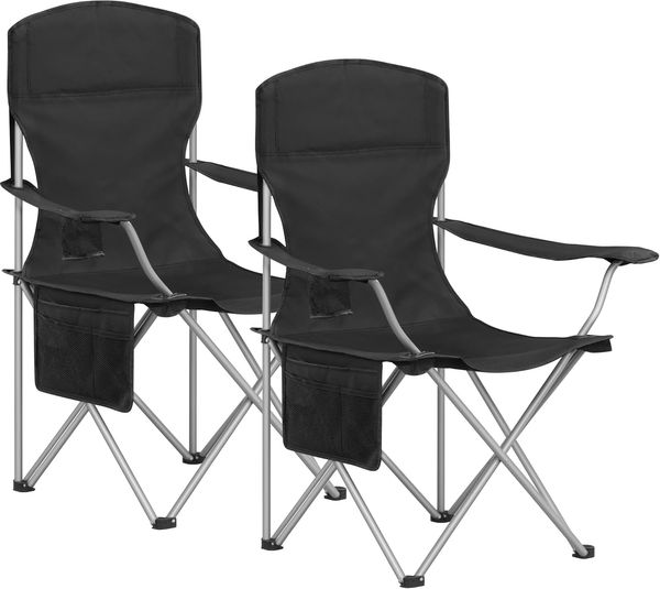 Campingstuhl, 2er Set, Campingstuhl Faltbar mit Getränkehalter und Tragetasch, Schwerlaststruktur bis 150 KG, Anglersessel Klappbar, Anglerstuhl, Gartenstuhl Outdoor, Schwarz