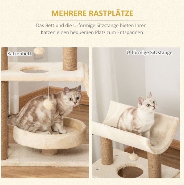 Kratzbaum 60x30x76 cm in Natur – Kletterturm mit Bett, U-förmiger Plattform und Sisal-Kratzpad Bild 5