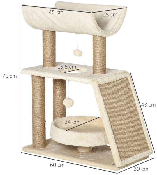 Kratzbaum 60x30x76 cm in Natur – Kletterturm mit Bett, U-förmiger Plattform und Sisal-Kratzpad Bild 8