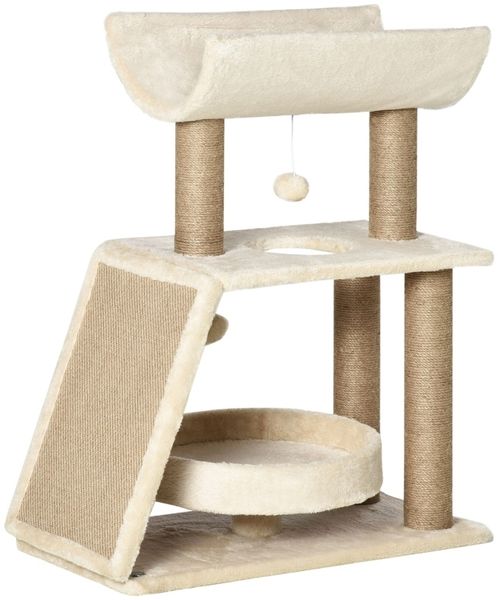 Kratzbaum 60x30x76 cm in Natur – Kletterturm mit Bett, U-förmiger Plattform und Sisal-Kratzpad Bild 7