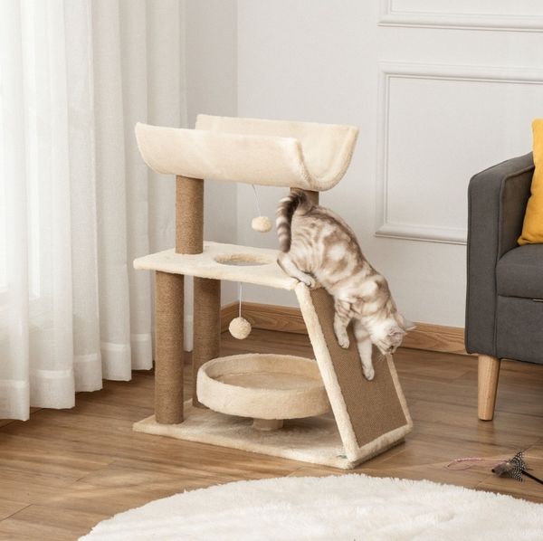 Kratzbaum 60 x 30 x 76 cm in Natur – Kletterturm mit Bett, U-förmiger Plattform und Sisal-Kratzpad