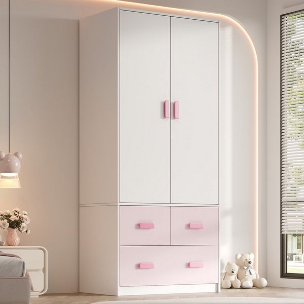 REDOM Kleiderschrank 2-türiger Kleiderschrank 80 x 48 x 180 cm, Weiß & Rosa (Packung, 1-St, Mit Kleiderstange & 3 Schubladen, Kinderzimmermöbel) Viel Stauraum für Kleidung & Accessoires