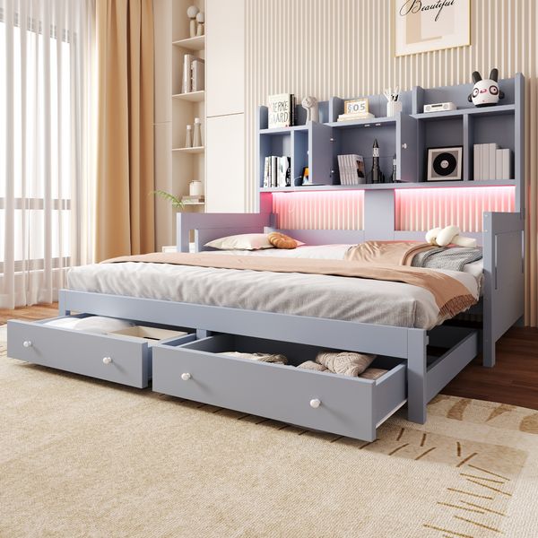 Merax Holzbett, Ausziehbares Daybett 90/180x190cm mit Schubladen, LED-Leiste, Aufladen, Grau