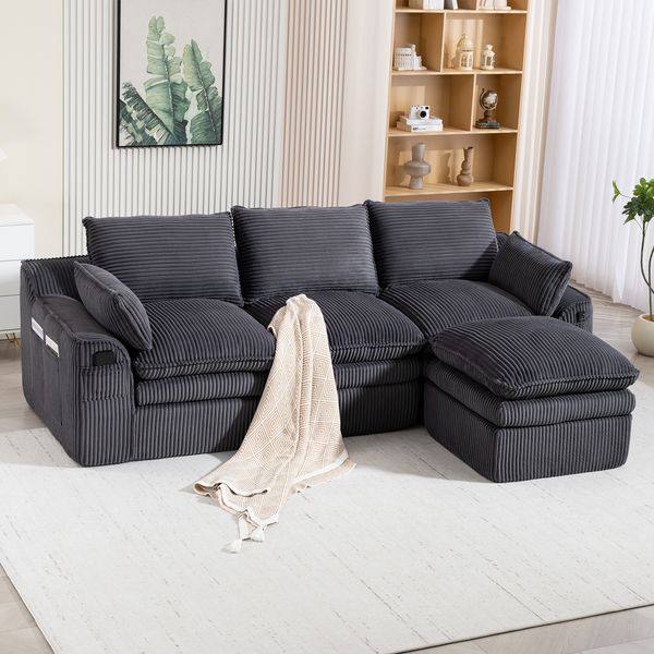 3-Sitzer Sofa B 263 x T 167 x H 85 cm aus Cord, modular mit Hocker