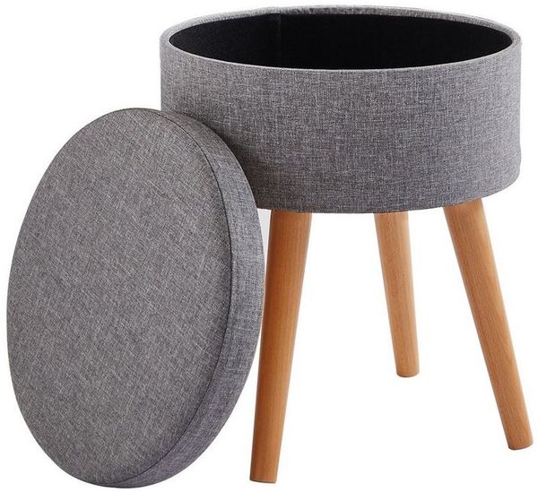 Zedelmaier Hocker Sitzhocker mit Ablage, Sitztruhe, Spielzeugtruhe, Fußhocker,rund (ZD3645), Gepolsterte Sitzfläche aus Leinen und Massivholz mit Wendedeckel Bild 5
