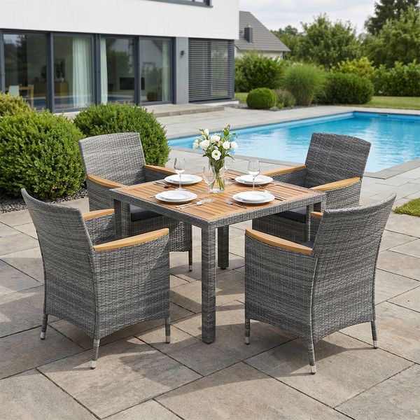STEELSØN 'Fawaris' Polyrattan Sitzgruppe Outdoor 5-tlg, Gartenmöbel Set aus 4 Stühlen und Tisch inkl. Kissen, Akazienholz, grau-meliert, wetterfest für 4 Personen