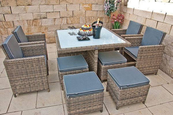 Ragnarök Möbel-Design Garten-Essgruppe Esstisch Set Heimdall 4+4, (Set, Polyrattan, Alu, Würfelsystem), Rückenlehnen sind klappbar