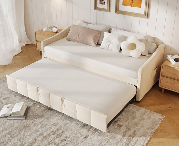 FUROKOY Schlafsofa Daybett Tagesbett Ausziehbares mit Bettfunktion, 90x200 cm,Multifunktionsbett,Beige,Samt,mit Seitentaschen