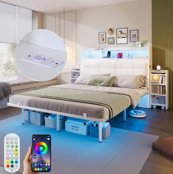Doppelbett 140x190 cm mit LED, Ladestation und 2 Nachttischen – Bettgestell aus Metall in Weiß