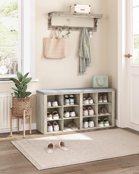 Schuhbank mit Sitzfläche, Schuhschrank mit Sitzbank mit 12 Fächern, Eingangsbank Verstellbaren Ablagen für Wohnzimmer, Schlafzimmer, Flur, Helles Elfenbein