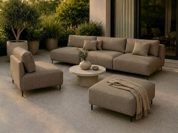 Garten Lounge Set SUN – Outdoor Möbel Set mit Sofa, Sessel und Hocker, UV-beständig und wasserabweisend