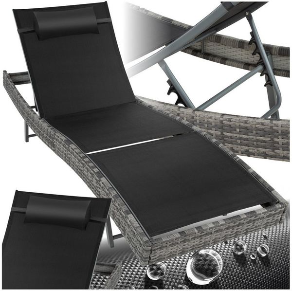 tectake Gartenliege Rattan Sonnenliege, abnehmbares Kopfkissen, 69 x 211 x 41 - 94 cm, Balkonliege Moana, 1 St, für Außen in Grau meliert, widerstandsfähig und UV-beständig, luftdurchlässig, verstellbar