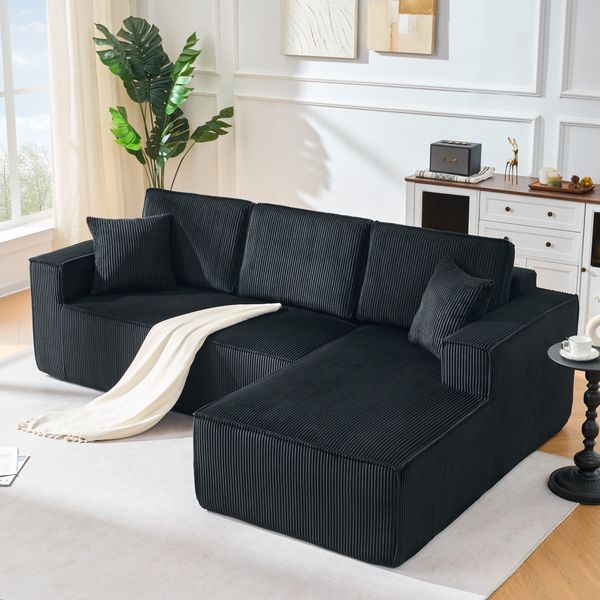 LVHOM L-Form Ecksofa mit Chaiselongue, 3-Sitzer Sofa mit 2 Kissen, Cloud Sofa aus Cordstoff, kein Aufbau erforderlich, Skandinavisches Design, Schwarz