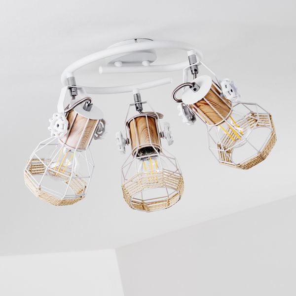 hofstein Deckenleuchte »Tarres« runde Deckenlampe aus Metall/Holz/Bast in Weiß/Braun, ohne Leuchtmittel, 3xE27, verstellbarer Spot in Gitter-Optik mit Lichteffekt