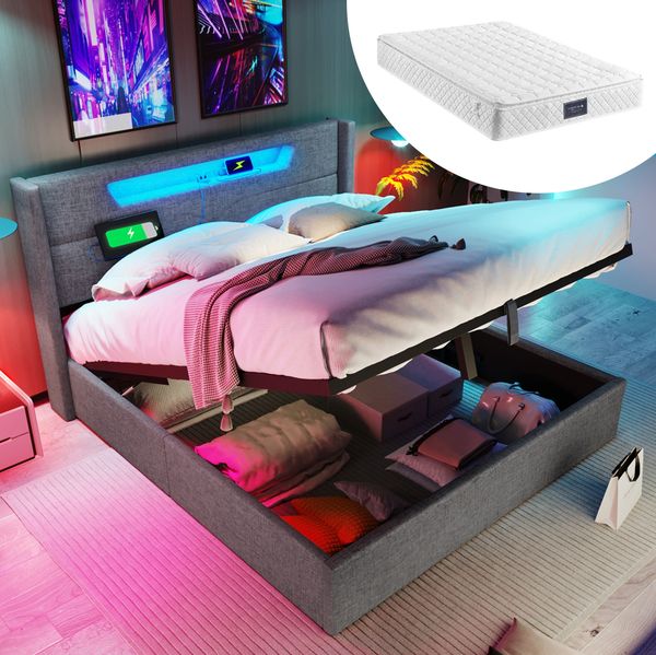 LED Doppelbett 160x200 cm mit USB-C, Stauraum in Grau(Mit Matratze)