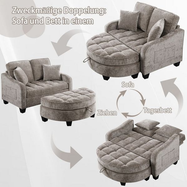 MODFU Schlafsofa Nachhaltiger Hocker in Eukalyptus, 132x129x93 cm, Set 1 Teile, Mit integriertem Staufach – die praktische 2‑in‑1 Lösung