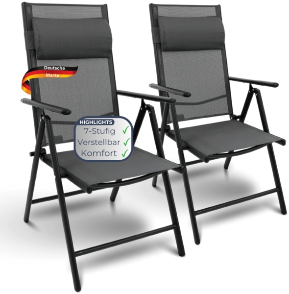 2er Set Gartenstuhl Hochlehner Verstellbar VOGT - Stahlgestell | Gartenstühle Klappbar mit Kopfkissen Campingstuhl Wetterfest Klappstuhl, Anthrazit