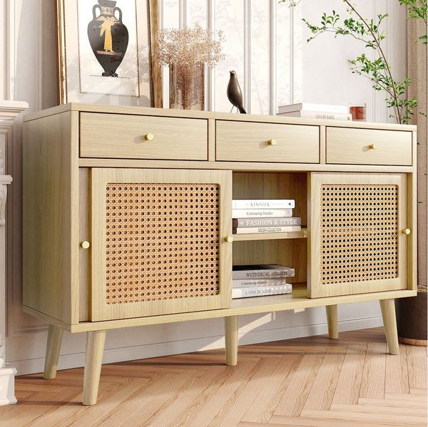 MODFU Sideboard Kommode,Elegantes Sideboard (Sideboard mit 3 Schubladen & Schiebetüren, Rattangeflecht, Massivholzbeine, verstellbare Ablagen, eleganter Retro-Look,120x40x78cm, 120x 40x78cm), Kommode mit 3 Schubladen und 3 Schwebetüren
