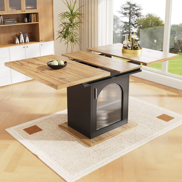 Merax Esstisch Teleskoptisch(140×80cm), Ausziehbarer Esstisch mit Ablagefläche, platzsparender Küchentisch, Esstisch mit drei Ablageebenen, Ausziehbarer Esstisch, Natürliches+Schwarz