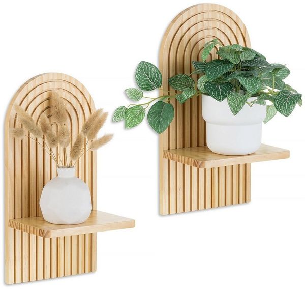 FOUORTUNATE-BEE Wandregal Boho Wandregal Holz Bogenform Wanddeko Pflanzenregal Hängeregal, 2-tlg, Wandregal für Wohnzimmer Schlafzimmer Babyzimmer Küche Balkon Deko