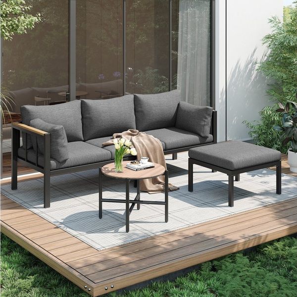 MODFU Gartenlounge-Set für Terrasse, Balkon und Garten, (Garten-Lounge-Set, Outdoor-Sofa-Set, 3-tlg, Sofa + Couchtisch + Fußhocker), verzinktes Stahlrohr, Glastischplatte, für Außenbereiche