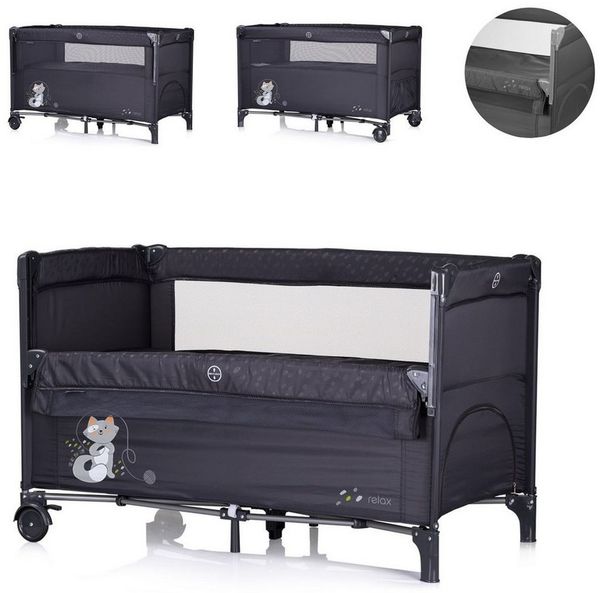 Chipolino Reisebett Relax 2 Ebenen, Vorderseite absenkbar, Seiteneingang, Tasche schwarz grau